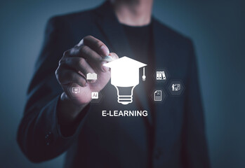 Modern e-learning concept featuring a business professional interacting with digital education icons, highlighting online courses, virtual training, and AI-driven learning innovation.