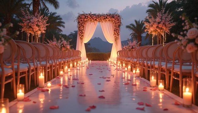 Wedding ceremony setup with elegant flower arches candles and chairs. Beautiful event venue decorated with floral arrangements. Romantic design for wedding party. Luxury marriage celebration at night.