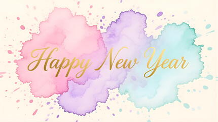 Obraz premium Light creamy canvas with hazy watercolor bursts blending pink, lilac, and pale aqua, soft-focus radiance, refined gold-script ‘Happy New Year’ centered.