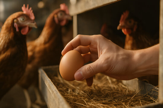 someone who is taking or examining a chicken egg