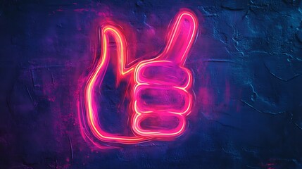 Illuminated Thumbs Up Symbol with Vibrant Pink Neon Light on Distressed Blue Concrete Backdrop for Positive Affirmation and Approval Exactly Two Hundred Characters