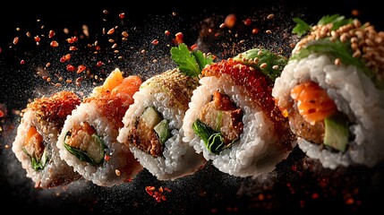 Close up of a variety of sushi rolls, each with different ingredients. The rolls are arranged in a row, with some being larger and others smaller. Concept of abundance and variety