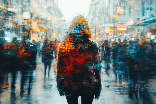 Generative AI glitch art of person silhouette against urban lights and digital rain in abstract futuristic style