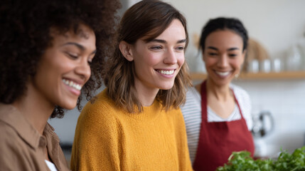 Three diverse women smiling and enjoying time together in a bright kitchen setting with fresh vegetables in the foreground