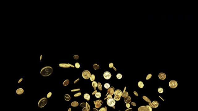 Gold Coins with Dollar Signs &ndash; Explosion Fountain on Transparent Background. ProRes 4444