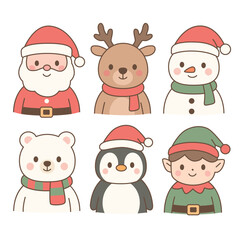 Cute hand-drawn Christmas characters set with Santa, reindeer, snowman, penguin, 
white bear, elf. Simple bright flat vector illustration on white background for cards, stickers, festive designs.