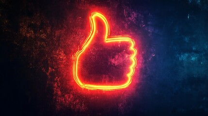 Neon Glowing Thumbs Up Sign on Dark Concrete Wall Giving Approval and Support Concept for Success and Acceptance in Social Media Platform with Positive Feedback