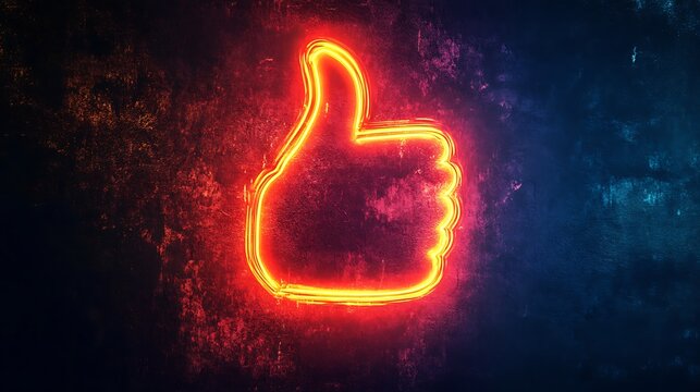 Neon Glowing Thumbs Up Sign on Dark Concrete Wall Giving Approval and Support Concept for Success and Acceptance in Social Media Platform with Positive Feedback