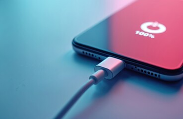 Smartphone screen shows 100 battery charge icon. USB Type C cable connects to device. Modern phone is fully charged and ready for use. Power up.