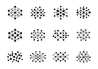 Various black and white molecular structure diagrams isolated on a white background