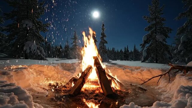 A winter campfire scene with snow covered trees and a bright full moon
