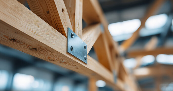 Close-up view of wooden beams connected with metal plates in modern construction framework inside a building under construction - Powered by Adobe