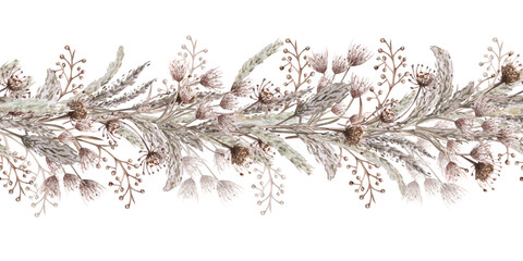 Obraz premium A seamless border of African steppe grasses and flowers. Isolated watercolor illustration for home textiles, eco-friendly projects, fabric printing, and interior design.