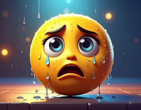 A round, yellow emoji face looking sad with large tears, on a shiny surface with a blue background - Powered by Adobe