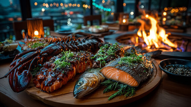 Winter barbecue with gourmet seafood grilling over the hot coals including a lobster tail, salmon and whole marine fish seasoned with herbs