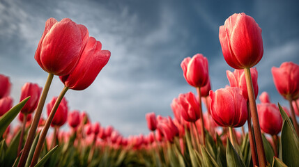 Obraz premium A field of vibrant red tulips stretching towards a cloudy sky in the springtime season outdoors