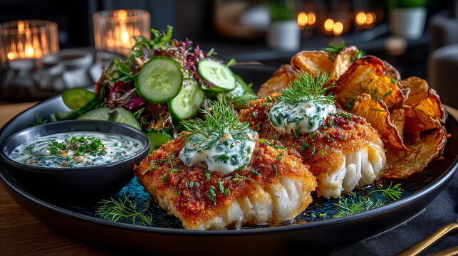 Crumbed deep fried fillet of cod served with potato chips and a cucumber salad on rustic blue wood in panorama banner format with copy space