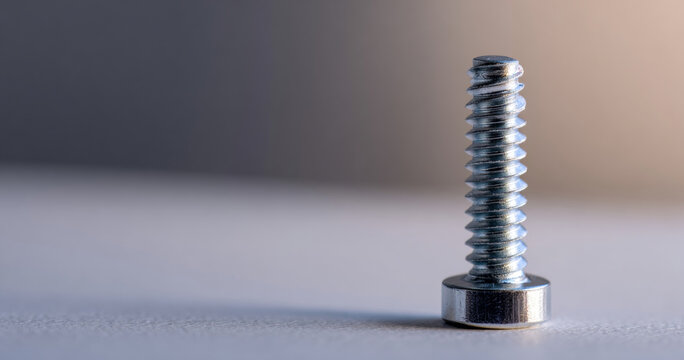 Close-up of a single metal screw standing upright on a smooth surface with a blurred neutral background - Powered by Adobe