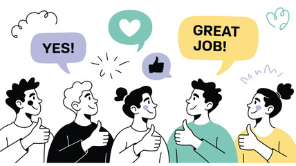 Diverse team of professionals collaborating and celebrating success with a thumbs up gesture modern vector illustration