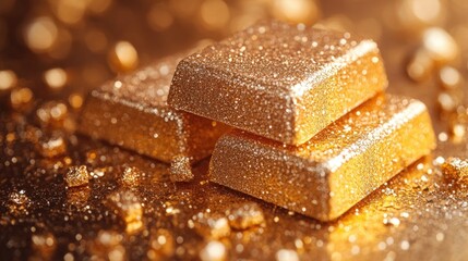 Close-up shot of glistening gold bars resting on a glittery surface, creating a dazzling effect. Bokeh background adds depth and sparkle.