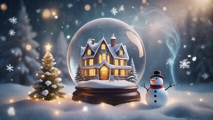 Magical Christmas night with a snow globe holding a cozy house, a festive tree, and a friendly snowman in a winter wonderland - Powered by Adobe