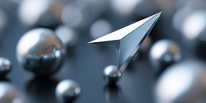 Metallic paper airplane flying among reflective silver spheres on dark surface with shallow depth of field and soft lighting