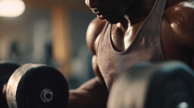A focused man is lifting heavy dumbbells in the gym, demonstrating his commitment to strength training and physical fitness. The man's muscular physique highlights his dedication t