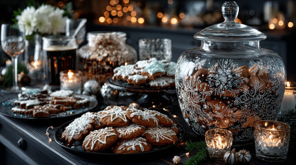 Tasty Christmas Cookies in Transparent Pot with Silver Bells, Isolated on Vintage table Background.