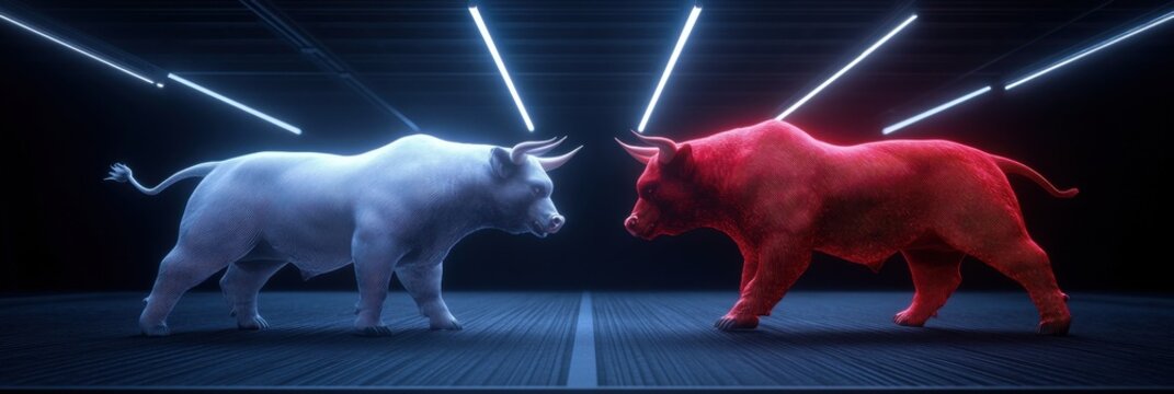 Digital art of two neon bulls facing off in futuristic setting