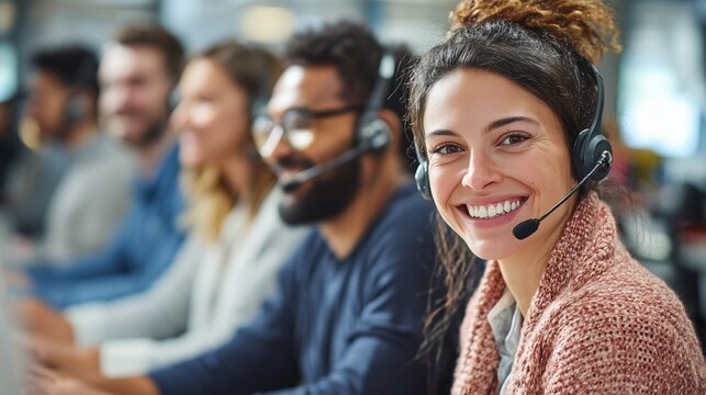 In a bright office, a cheerful woman is smiling while wearing a headset, engaging with clients alongside her diverse team. This cheerful woman exemplifies teamwork and customer ser