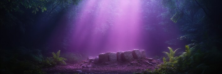 Mystical stone circle in enchanted forest with purple light rays
