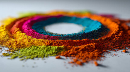 Obraz premium Colorful powder arranged in concentric circles with a white center on a white background
