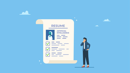 Businesswoman HR consider robot AI resume to fill in job. Artificial Intelligence AI replacement on human workforce, job or employment, AI candidate, machine or automation to work position.