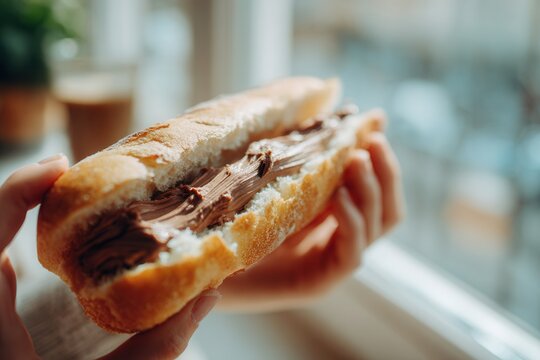 Close-up hands filling mollete with refried beans.