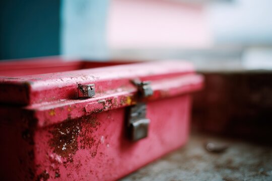 Close-up of a worn metal toolbox inside a small Mexican mechanic workshop.