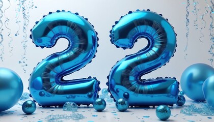 Blue number 22 balloons float at party with confetti. Festive celebration for 22nd birthday or anniversary. Shiny decorations adorn white background with scattered glitter.