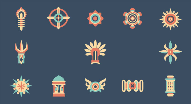 Aztec and Mesoamerican Style Symbols and Icons in Flat Design with an Earthy Color Palette on a Dark Blue Background