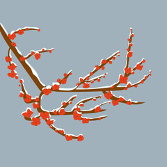 Flat vector ume blossom plum under snow, red flowers, winter cold, Plum blossom branch winter set © Cibula