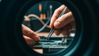 Cinematic POV: Artisan's Hands Crafting Electronics Through Lens
