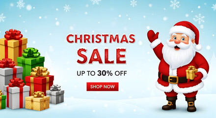 Christmas Sale Banner with Santa Claus and Gift Boxes Up to 30 Percent Off image photo