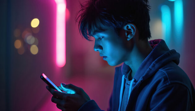 Young man looks at smartphone screen in dark room. Neon lights glow blue and pink. He is holding mobile device in his hands, focused and serious. - Powered by Adobe