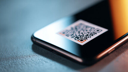 Close-up of smartphone screen displaying a QR code with reflective surface and blurred background on textured table
