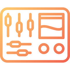 Digital audio mixer interface with faders knobs and screen displaying sound waves in orange gradient isolated on white background studio lighting