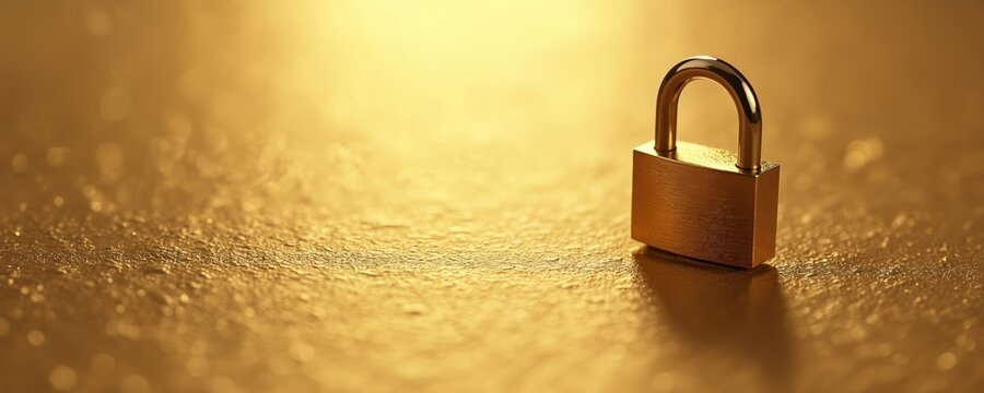 Shiny golden padlock stays on gold surface. Photo symbolizes secure data, online safety, personal privacy. Gold lock presents cyber protection from digital theft, financial savings, business security.