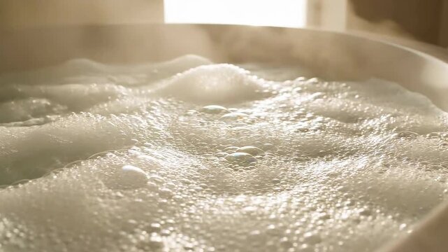 Hot bubbling bath or jacuzzi water with steam in luxurious setting