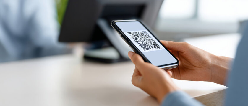 Person holding smartphone displaying QR code for digital scanning in modern environment with blurred background