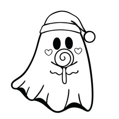 Spooky Christmas ghost wearing Santa hat holding lollipop line art illustration
