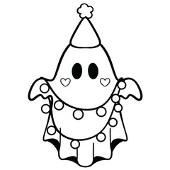 Adorable ghost wearing party hat decorated with Christmas lights spooky holiday line art illustration 	
