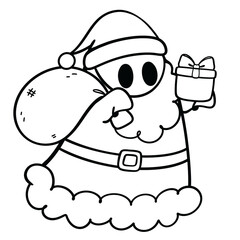 Cute ghost dressed as Santa Claus holding gift bag and present line art illustration	
