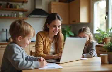 Mother works on laptop in kitchen while kids play nearby. She balances career and family life, managing tasks and responsibilities from home. Modern remote work lifestyle.